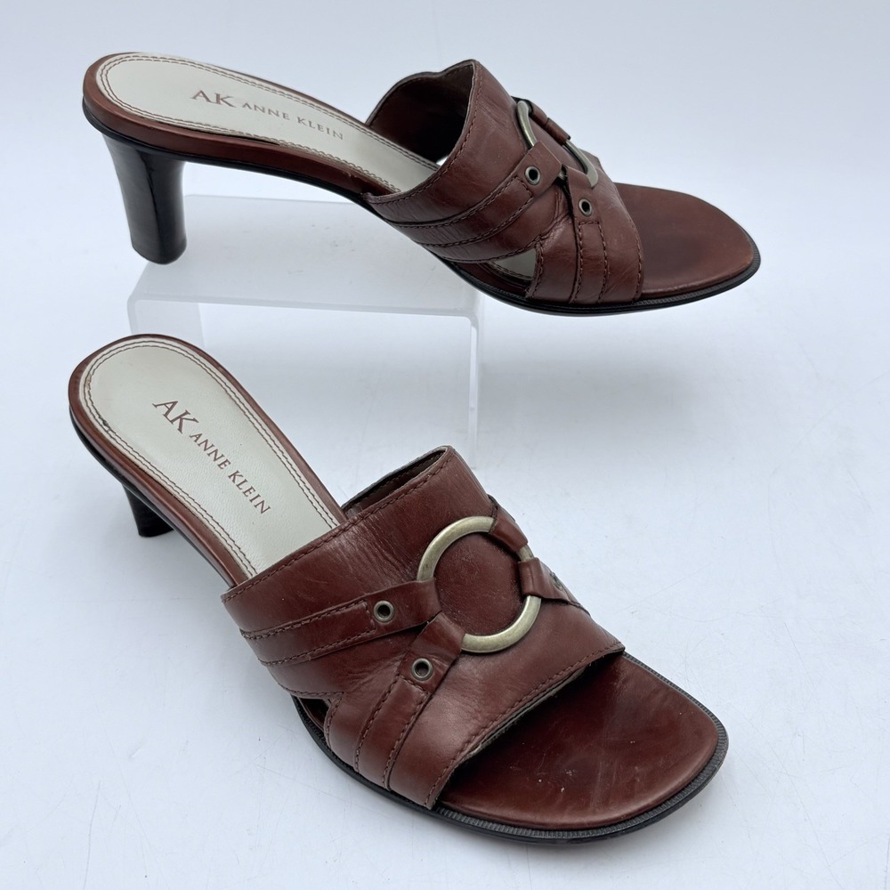 Anne Klein Brown Leather Slide Sandal with Ring Accent